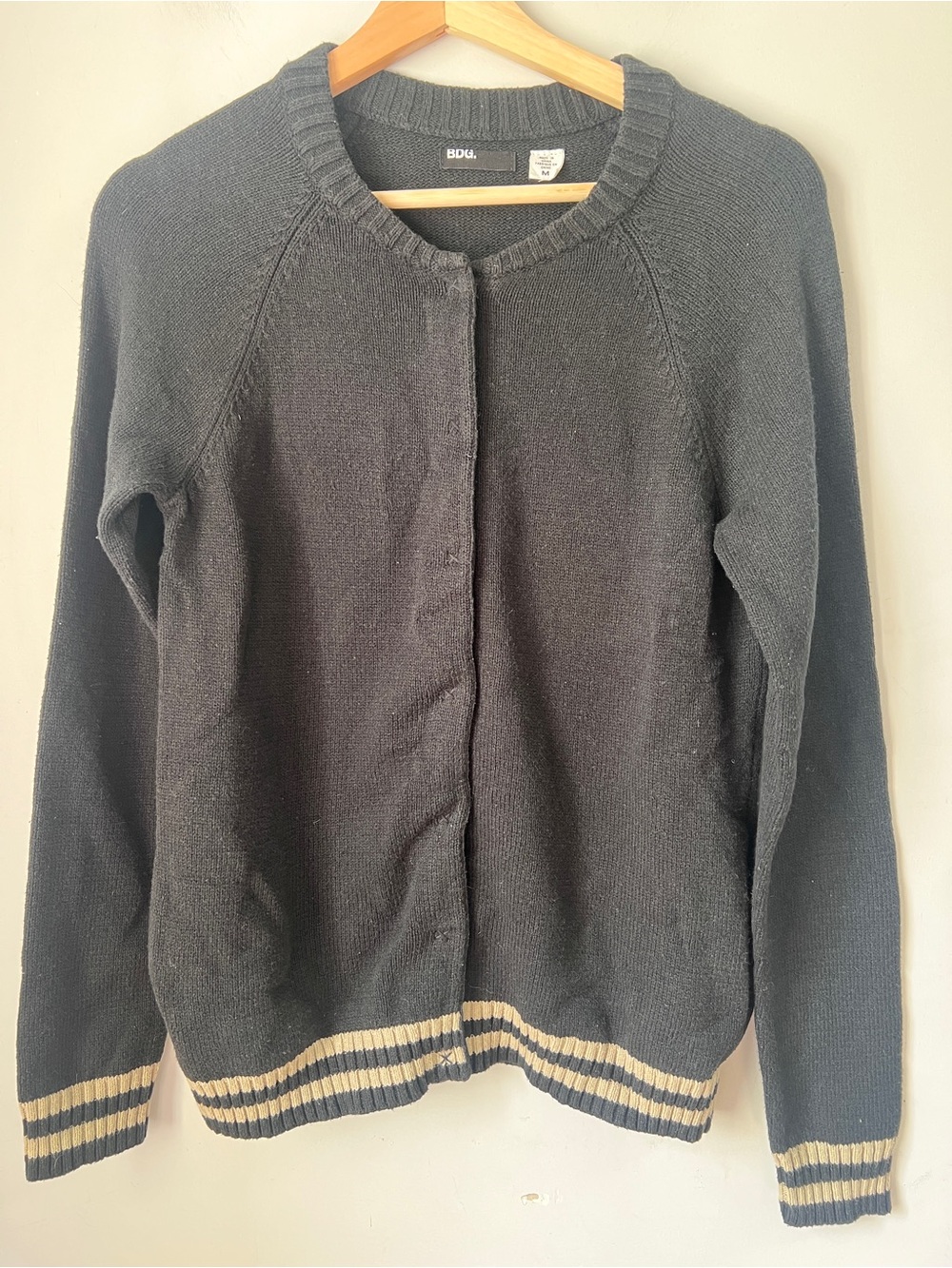 BDG Black Crewneck Cardigan with Cream Stripe Hem and Cuffs